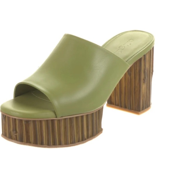 Cult Gaia Judith Leather Bamboo Platform Slide Sandals Green/Tan Womens 6.5 NWOT - Picture 12 of 14